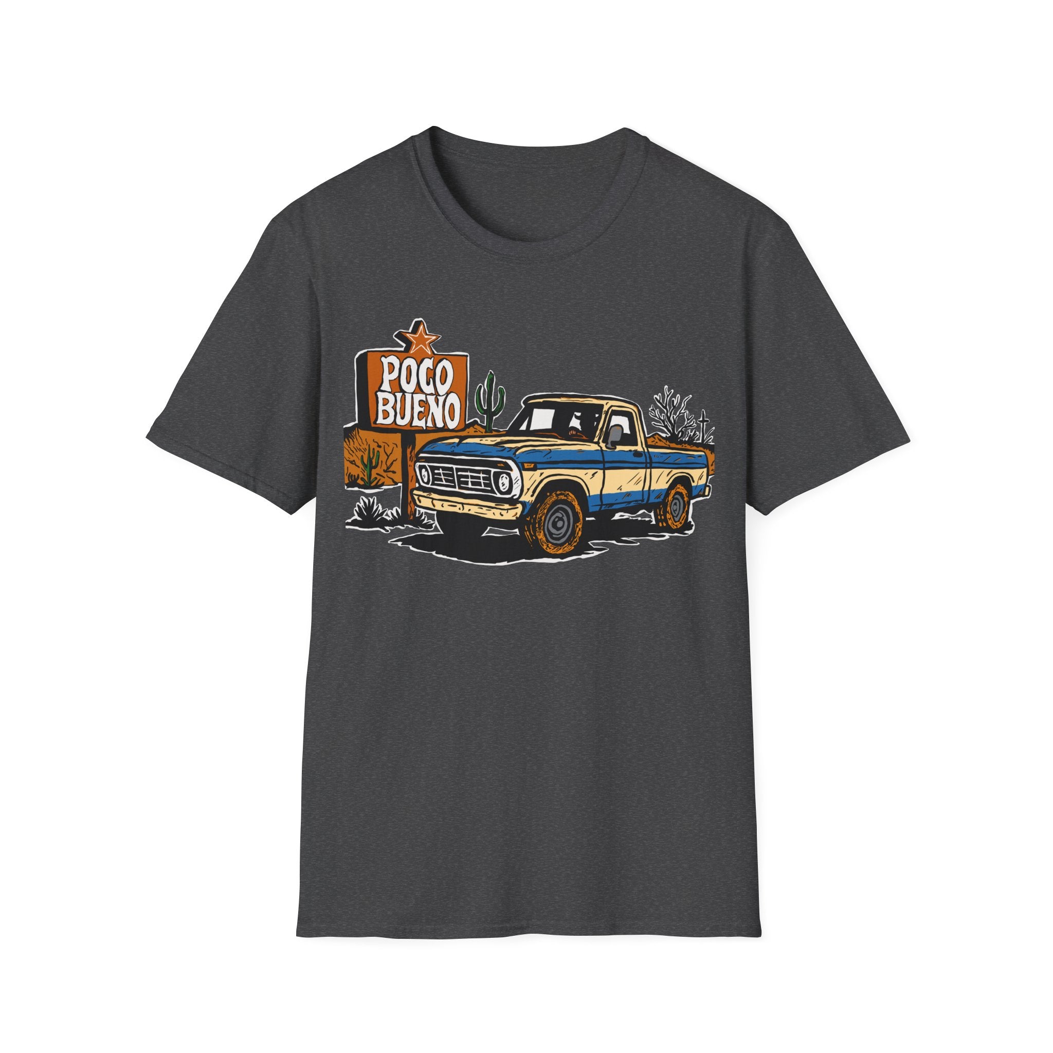 Dark gray t-shirt with a graphic of a vintage truck in the desert and 'Poco Bueno' text on a road sign