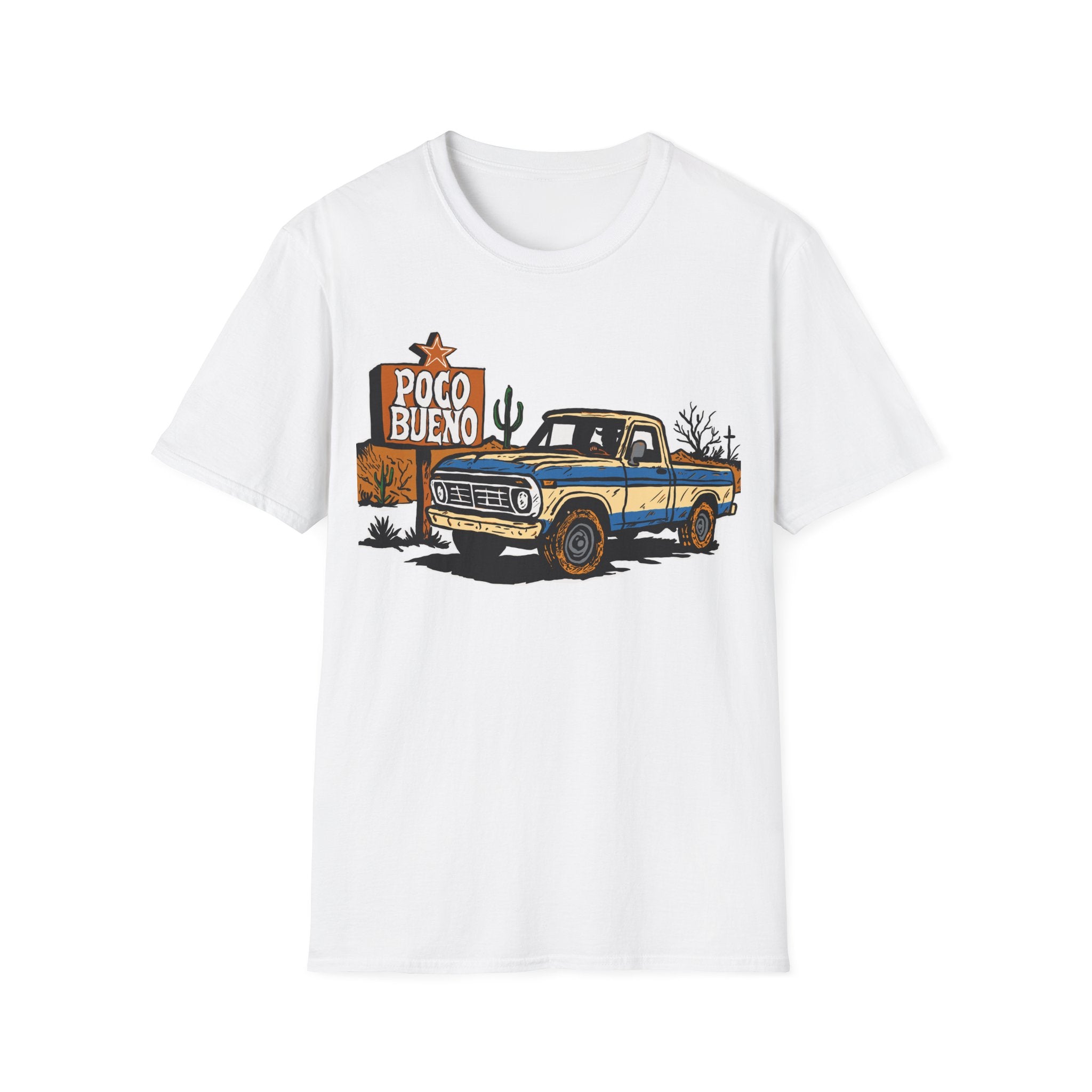 White t-shirt with a graphic of a truck and 'Poco Bueno' sign on a white background