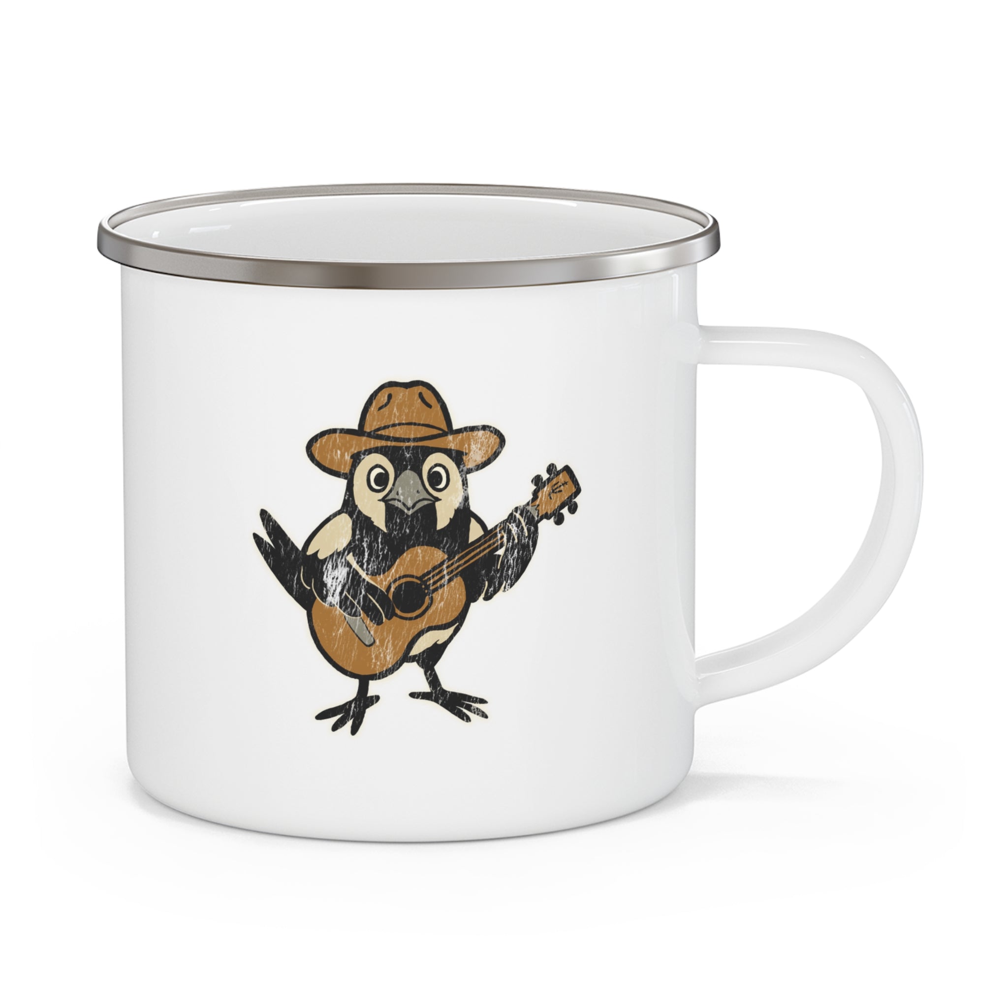 Cowpoke Enamel Camping Mug — Cowboy Bird Playing Guitar Rustic Camp Coffee Cup