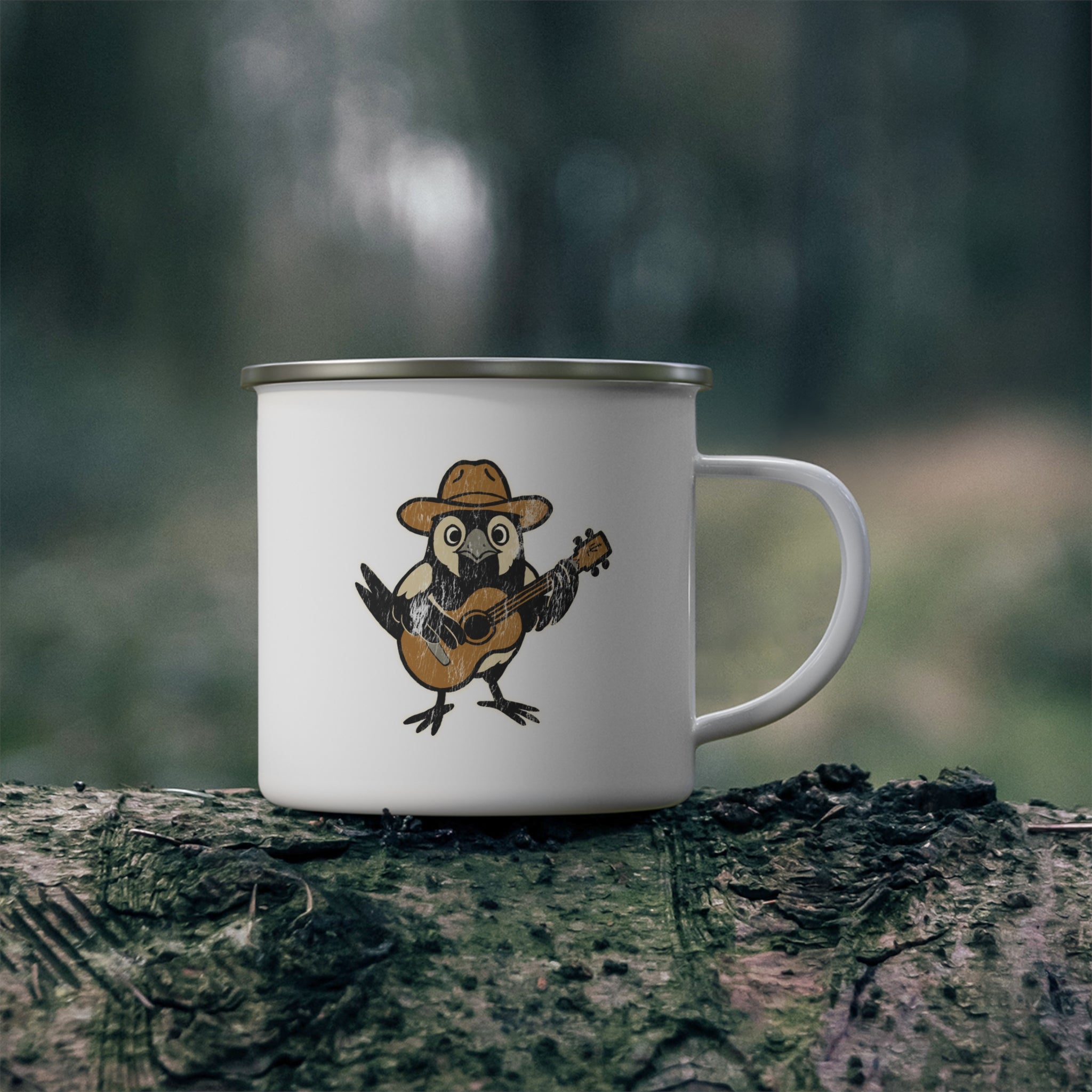 Cowpoke Enamel Camping Mug — Cowboy Bird Playing Guitar Rustic Camp Coffee Cup