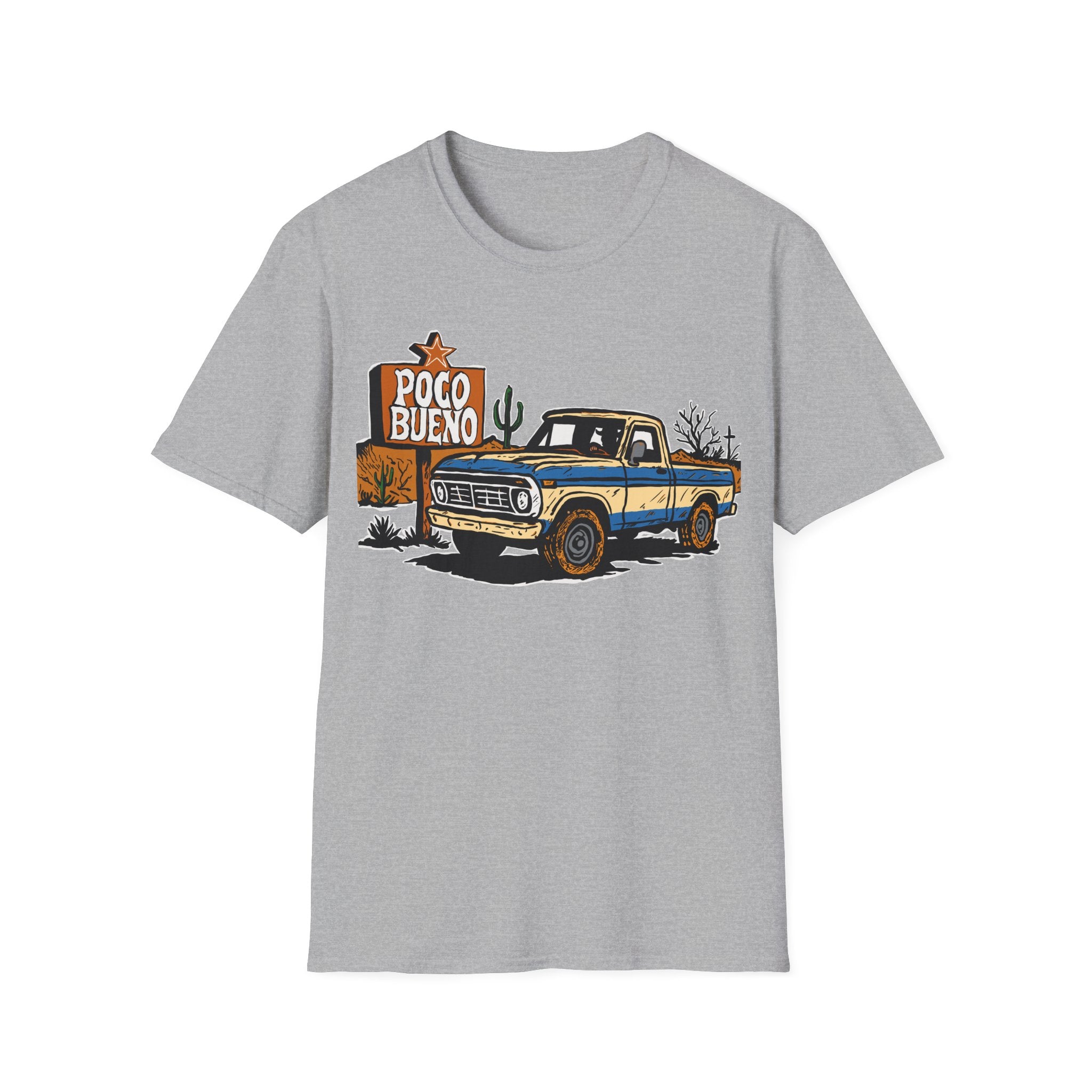 Gray t-shirt with a graphic of a truck in the desert and 'Poco Bueno' sign on a white background