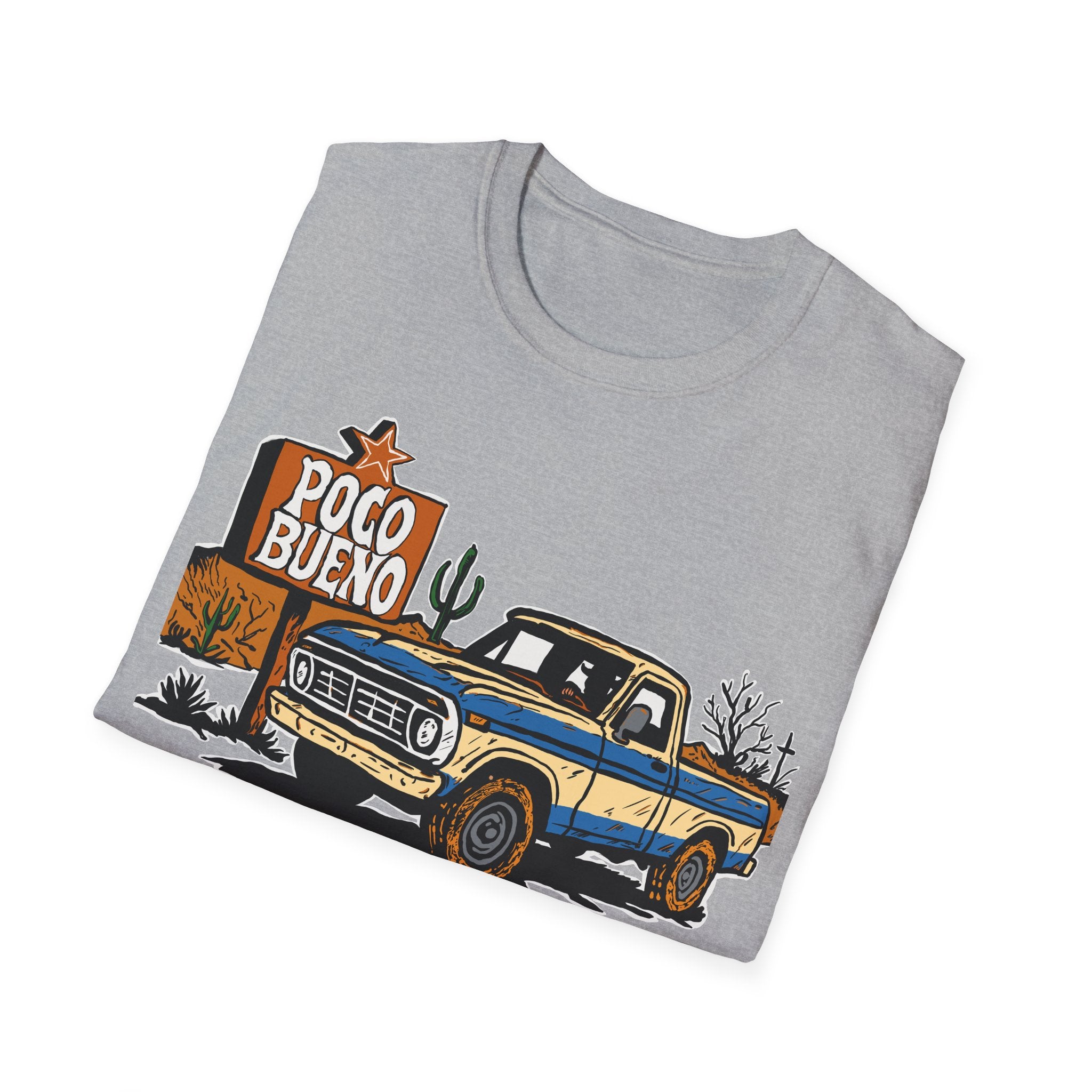 Gray t-shirt with a graphic of a vintage pickup truck and 'Poco Bueno' text on a desert road sign