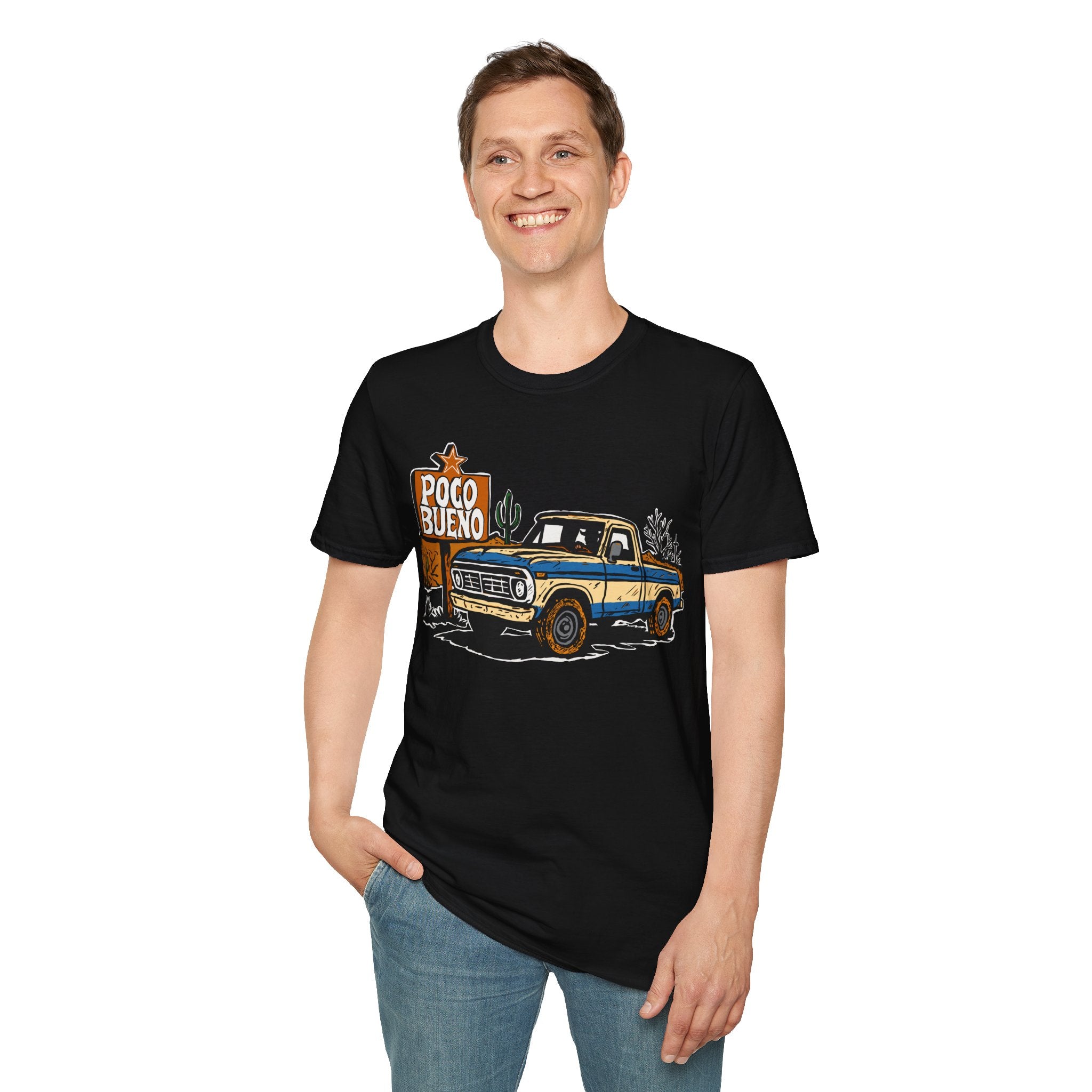Person wearing a black t-shirt with a graphic design of a vintage pickup truck and 'Poco Bueno' text on a road sign