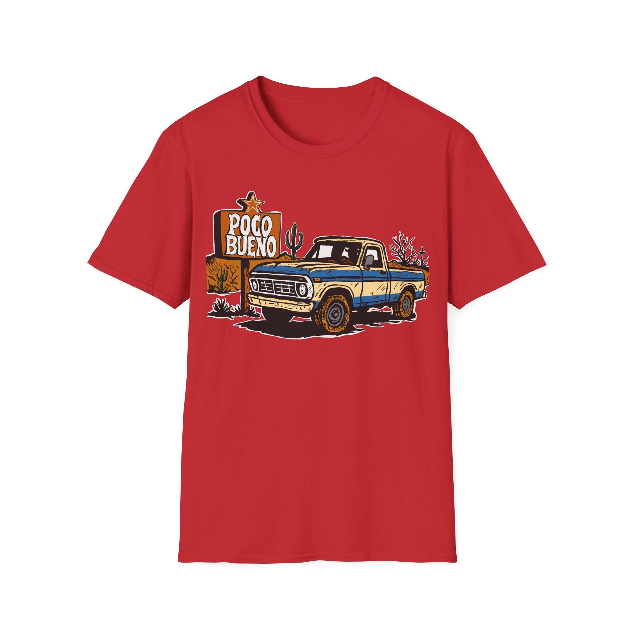 Red t-shirt with a graphic of a vintage truck in the desert and 'Poco Bueno' sign on a road sign